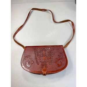 Vintage Tooled Leather Crossbody Bag Purse Aztec Mayan Style Brown